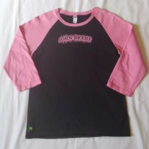John Deere Pink & Black Crew Neck 3/4 Sleeve Tee M
